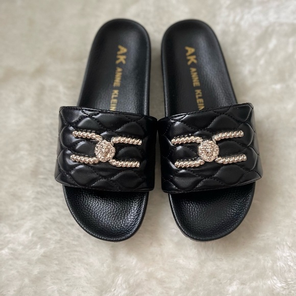 Anne Klein Black Quilted Sandals with Silver Detail - Picture 3 of 6